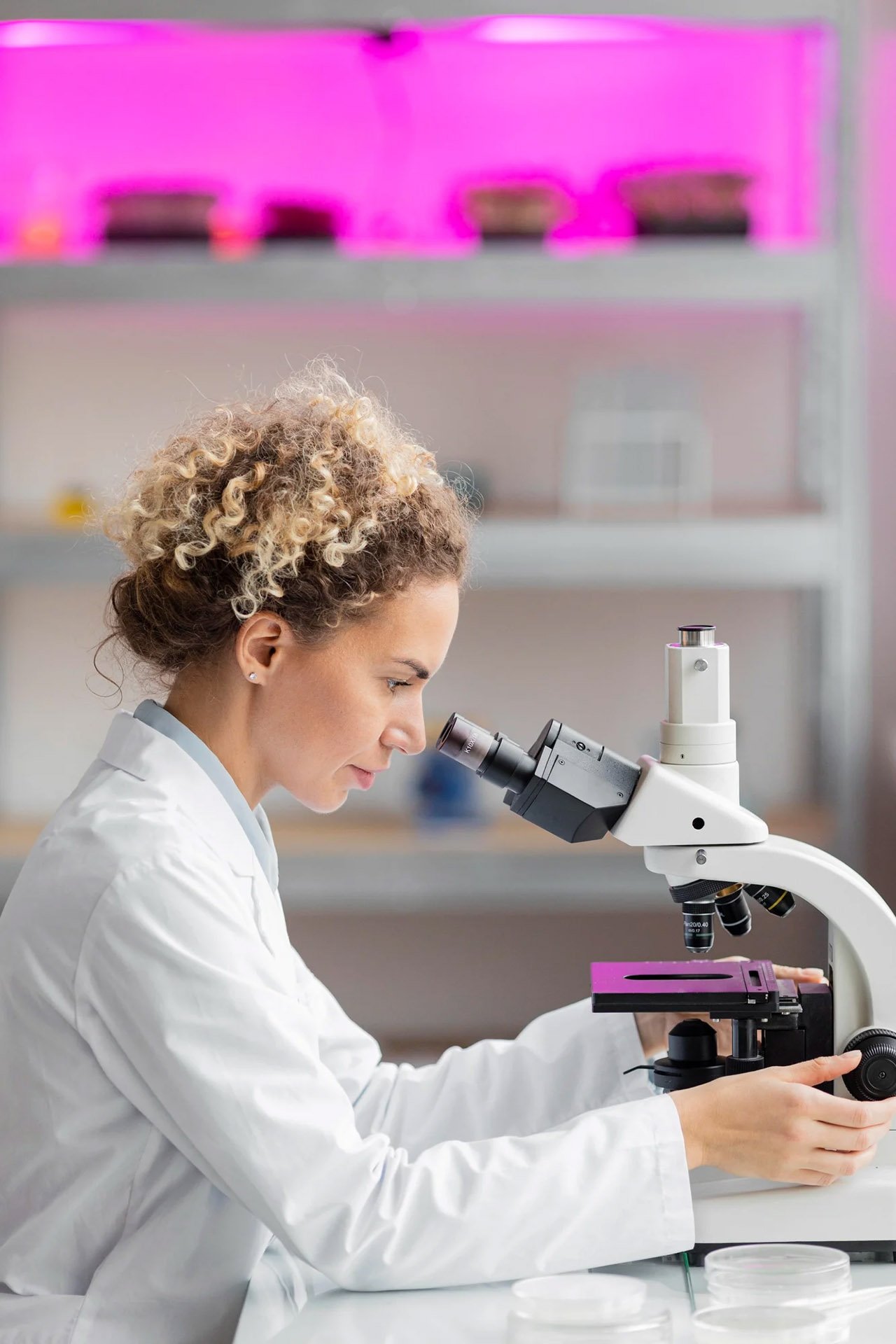 Kvindelig videnskabsmand i kittel kigger gennem et mikroskop i et laboratorium.