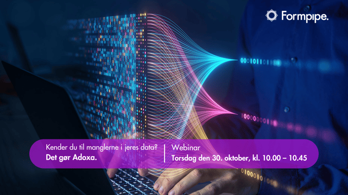 En person, der skriver på en bærbar computer med glødende binær kode og farverige datastrømme, som promoverer et Adoxa-webinar fra Formpipe om dataudfordringer.