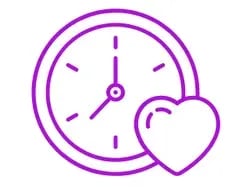 Grafisk illustration av en klocka med ett hjärta, som symboliserar kopplingen mellan tid och välbefinnande i lila konturer.