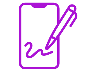 En livfull lila kontur av en smartphone med en stylus, som symboliserar digitalt antecknande eller ritande.