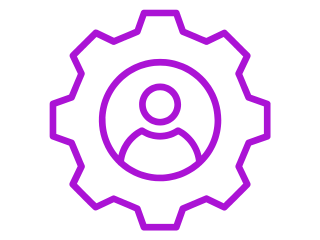 En lila kugghjulsikon med en central cirkel som symboliserar ett ansikte, med ett mindre cirkelformat ansikte inuti, som föreställer ett smileyface.