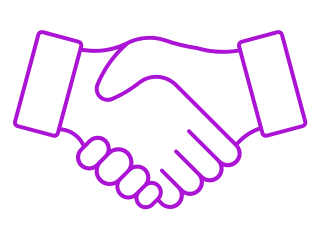 Två händer som skakar hand i en stiliserad lila kontur, som symboliserar partnerskap och överenskommelse, med en subtil uppmaning till samarbete.