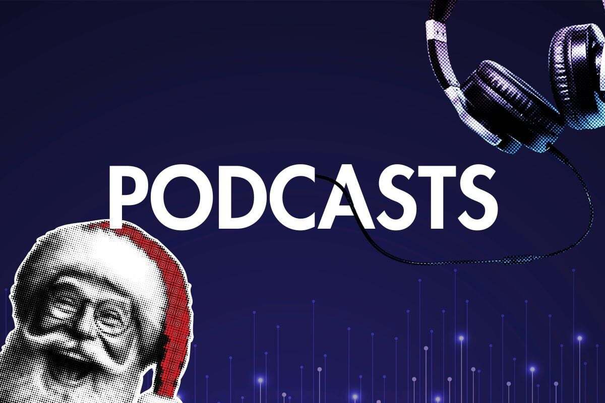 Hovedtelefoner og en smartphone, der symboliserer podcast-anbefalinger til juleferien.